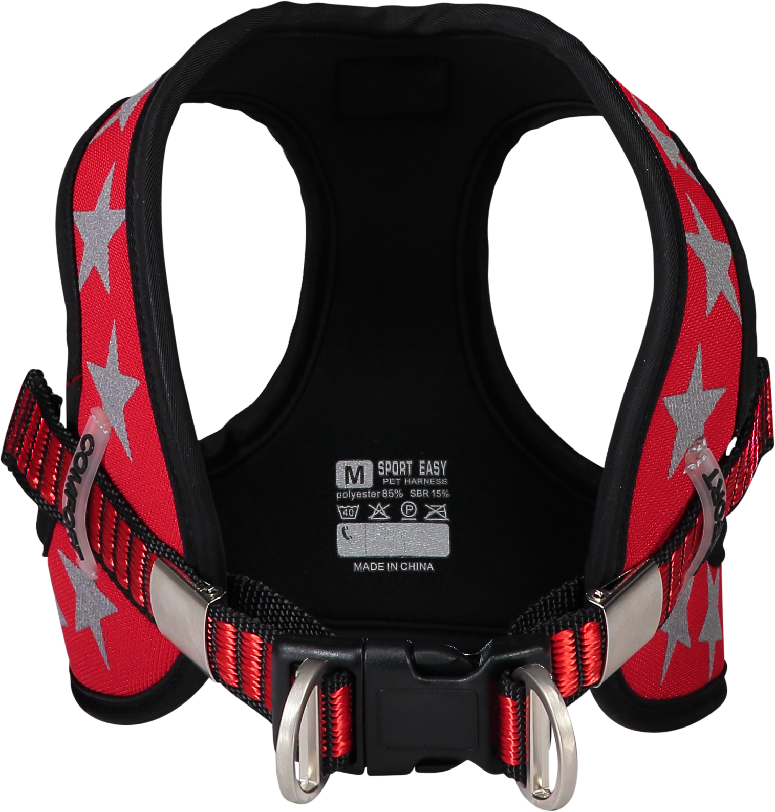 Red Stars dog harness featuring soft neoprene padding and stylish star-shaped reflectors for safety and comfort.